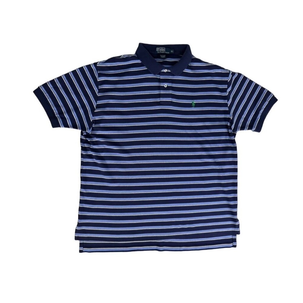 Ralph Lauren POLO Shirt Blue White Stripe Short Sleeve Green PONY Mens XL